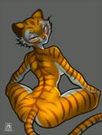 anthro breasts female grey_background looking_at_viewer looking_back looking_back_at_viewer nude side_boob simple_background solo striped_body stripes yurai dreamworks kung_fu_panda master_tigress felid mammal pantherine tiger hi_res