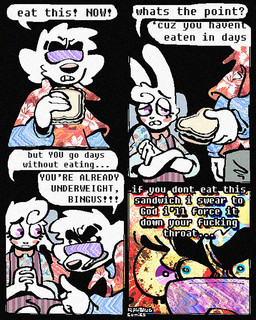 4_panel_comic aloha_shirt anthro bow_tie cheek_spots clothing dialogue duo ears_down eyewear floppy_ears food half-closed_eyes male narrowed_eyes overalls pattern_clothing pattern_shirt pattern_topwear pivoted_ears sandwich_(food) shirt speech_bubble sunglasses teeth text tooth_gap topwear rawdawgcomics bingus_(rawdawgcomics) stahli_(rawdawgcomics) bird_dog canid canine canis domestic_dog golden_retriever hunting_dog lagomorph leporid mammal rabbit retriever 4:5 comic english_text hi_res
