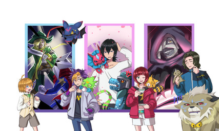 anthro bandage black_hair blonde_hair cloak clothing cowl eyewear female glasses grin group hair hat headgear headwear jacket kerchief male mummy_wrappings red_hair robe scarf sharp_teeth smile teeth tongue tongue_out topwear doodledigi bandai_namco digimon digimon_beatbreak haruomi_sone kyo_sawashiro makoto_kuonji reina_sakuya tomoro_tenma chiropmon commandramon cougarmon digimon_(species) elizamon gekkomon human humanoid mammal mummymon petermon pristimon scalie starmon 5:3 hi_res