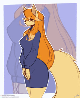anthro bangs blowup_background blush blush_stickers breasts clothed clothing eyewear female fur glasses hair long_hair orange_hair simple_background smile solo tail tan_body lyorenth-the-dragon undertale undertale_(series) undertale_yellow ceroba_ketsukane canid canine fox mammal 2026 digital_drawing_(artwork) digital_media_(artwork) hi_res sketch