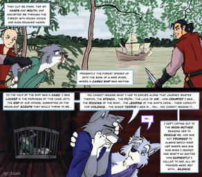 4_fingers 4_toes anthro black_hair black_nose blue_eyes bound cage caged captured cloak clothed clothed_anthro clothed_male clothing dialogue fangs feet fingers flashback forest fur gag gagged grey_body grey_fur group hair hands_tied hindpaw humanoid_hands knife male multicolored_body multicolored_fur outside paws plant prisoner sea ship shirt snout_tied speech_bubble tail teeth text toes topwear trauma traumatized tree tunic two_tone_body two_tone_fur vehicle water watercraft white_body white_fur spiritofash andreas_(spiritofash) canid canine canis human mammal wolf absurd_res comic english_text hi_res