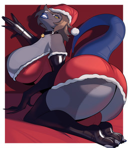 anthro areola armwear bell bell_collar big_breasts big_bulge big_butt black_armwear black_clothing black_elbow_gloves black_gloves black_handwear black_latex black_legwear black_thigh_highs blue_eyeshadow blue_lipstick breasts bulge butt christmas_clothing christmas_dress christmas_headwear clothed clothed_anthro clothed_gynomorph clothing collar dress elbow_gloves eyeshadow gloves grey_body grey_hair gynomorph hair handwear hat headgear headwear holidays huge_breasts huge_butt intersex jingle_bell jingle_bell_collar kneeling latex latex_armwear latex_clothing latex_elbow_gloves latex_gloves latex_handwear latex_legwear latex_thigh_highs legwear lips lipstick makeup santa_hat solo tail thick_lips thick_thighs thigh_highs white_areola yellow_sclera pillowymounds christmas scalie 2025 hi_res
