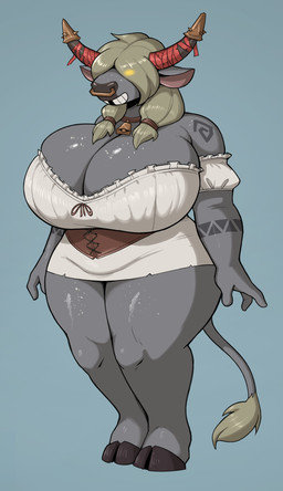 anthro big_breasts breasts clothing corset cowbell cowbell_collar facial_piercing female fur gap_teeth grey_body grey_fur hair hair_over_eyes huge_breasts lingerie nose_piercing piercing smile solo thick_thighs topwear wide_hips fimif blizzard_entertainment warcraft bovid bovine mammal tauren absurd_res hi_res