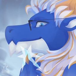 anthro blue_body blue_eyes claws day eyewear glasses hair horn male multicolored_body orange_stripes outside smile solo star striped_hair stripes two_tone_body white_body white_hair winter ocelotka mythology keegen_(keegen) dragon mythological_creature mythological_scalie scalie 1:1 2025 digital_media_(artwork) portrait