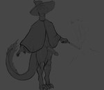 anthro claws clothing erection fur genitals hat headgear headwear male penis shawl shawl_only simple_background solo standing wand wizard_hat remer lizard reptile scalie digital_media_(artwork) full-length_portrait greyscale monochrome portrait