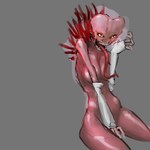 breasts clothing covering covering_breasts covering_crotch covering_self female fingerless_gloves gloves handwear long_tongue mostly_nude red_body red_skin solo spines teeth tongue white_clothing white_gloves white_handwear yellow_eyes meandraco alien humanoid monster 1:1 hi_res