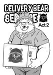 anthro bodily_fluids bottomwear clothing delivery_(commerce) delivery_employee eyewear glasses hat headgear headwear humanoid_hands male overweight overweight_anthro overweight_male pants shirt simple_background solo sweat text topwear white_background kamui_shirow delivery_bear_service kermo_(kamui_shirow) american_black_bear bear black_bear kermode_bear mammal ursine 2020 absurd_res english_text hi_res monochrome