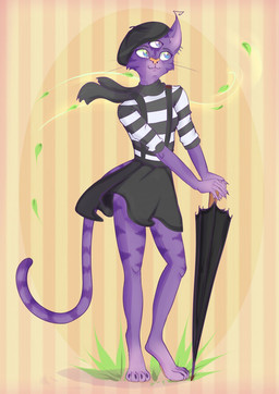 3_eyes 5_fingers anthro barefoot bent_leg black_beret black_bottomwear black_clothing black_headwear black_scarf black_shirt black_skirt black_topwear blue_eyes bottomwear breasts cheek_tuft claws closed_smile clothed clothed_anthro clothed_female clothing eyebrows eyelashes facial_tuft fangs feet female finger_claws fingers french_clothing fully_clothed fully_clothed_anthro fully_clothed_female fur grass headgear headwear holding_object holding_umbrella leaf light long_tail looking_up markings mouth_closed multi_eye multicolored_body multicolored_clothing multicolored_eyes multicolored_fur multicolored_shirt multicolored_topwear orange_nose pattern_background pattern_clothing pattern_shirt pattern_topwear plant pose pupils purple_body purple_claws purple_eyebrows purple_fur purple_line_art purple_stripes purple_whiskers scarf shirt simple_background skirt slim_anthro slim_female slit_pupils small_breasts smile solo standing striped_background striped_clothing striped_markings striped_shirt striped_tail striped_topwear stripes tail tail_markings teeth toe_claws topwear tuft two_tone_clothing two_tone_shirt two_tone_tail two_tone_topwear umbrella whiskers white_stripes wind yoshkin yoshkin_kitty felid feline mammal 2017 colored colored_line_art digital_drawing_(artwork) digital_media_(artwork) english_description full-length_portrait hi_res lighting portrait shaded