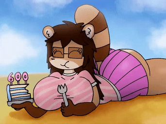 anthro beach big_breasts big_butt blue_sky bottomwear breasts brown_body brown_fur brown_hair butt cake clothing dessert eating eating_food eyewear facial_markings female food fur glasses gloves_(marking) hair head_markings inner_ear_fluff long_hair lying markings mask_(marking) miniskirt on_front ring_(marking) ringed_tail skirt sky solo striped_markings striped_tail stripes tail tail_markings tail_motion tailwag tuft spicyredacted sierra_(spicysierra) mammal procyonid raccoon animated milestone_celebration no_sound short_playtime video