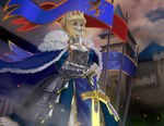 anthro armor banderole blonde_hair castle female finial flag flag_(object) flagpole hair melee_weapon outside solo sword weapon yurai fate_(series) type-moon artoria_pendragon felid mammal