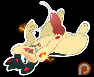 animal_genitalia animal_penis balls blush bodily_fluids canine_genitalia canine_penis cum cumshot ejaculation embarrassed erection feral fire fur genital_fluids genitals green_eyes hair jewelry knot lying male necklace on_back open_mouth orgasm penis simple_background solo tears teeth tongue backsash nintendo pokemon dante_(ghost_forger) fan_character generation_2_pokemon mammal pokemon_(species) quilava 2018 digital_media_(artwork) hi_res