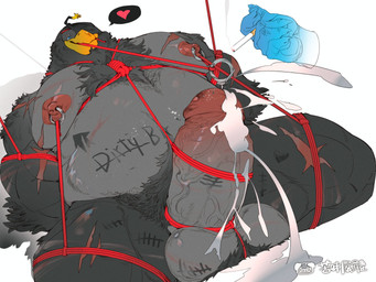 anthro anthrofied ball_rope balls bdsm belly bodily_fluids body_hair body_writing bondage bound chest_hair cigarette cock_and_ball_torture cum cum_drip disembodied_hand dripping erection eye_patch eyewear foreskin genital_fluids genital_rope genital_torture genitals hairy_balls hands_tied_behind_back happy_trail heart_symbol holding_cigarette holding_object kneeling male markings musclegut muscular muscular_anthro muscular_male nipple_piercing nipple_ring nipples pecs penetration penis penis_bondage piercing pubes restraints retracted_foreskin ring_piercing rope rope_bondage rope_harness rope_in_mouth scalding scar solo sounding_rod submissive tally_marks torture urethral urethral_penetration vein veiny_penis big_treeeee angry_birds rovio_entertainment sega bomb_(angry_birds) avian bird hi_res watermark