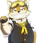 anthro clothing eyewear facial_hair fur goggles grin male mustache necktie scar short_stack smile solo topwear vest yellow_body yellow_fur ponzu_tas lifewonders live_a_hero procy canid canine canis domestic_dog mammal hi_res