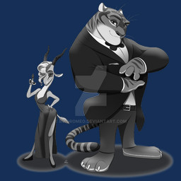 anthro belt belt_buckle black_belt black_bottomwear black_clothing black_dress black_footwear black_high_heels black_pants black_suit bottomwear buckle clothed clothed_anthro clothed_female clothed_male clothing dress duo female footwear hands_on_hips high_heels looking_at_viewer looking_forward male pants shoes suit rworomeo disney zootopia gazelle_(zootopia) tiger_dancer_(zootopia) antelope bovid felid gazelle mammal pantherine tiger 1:1 alpha_channel black_and_white monochrome
