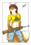 anthro biped bottomwear breasts clothed clothing dipstick_tail female fluffy fluffy_tail gadsden_flag gun holding_gun holding_object holding_ranged_weapon holding_weapon inner_ear_fluff looking_at_viewer m1_carbine markings midriff multicolored_tail navel neck_muscles pants politics ranged_weapon rifle shirt simple_background smile solo standing t-shirt tail tail_markings topwear torn_clothing trigger_discipline tuft weapon kalahari don't_tread_on_me roxanne_(kalahari) canid canine fox mammal 2009 marker_(artwork) traditional_media_(artwork)