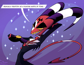 2_horns anthro clothed clothing dialogue horn humor male sharp_teeth smile solo spade_tail sparkles speech_bubble tail teeth zerna hellaverse helluva_boss blitzo_(helluva_boss) demon imp 2024 hi_res