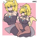 big_breasts black_clothing black_dress blonde_hair blue_eyes blush bodily_fluids bracelet breasts clothing collar crown dress female hair headgear horn humanoid_pointy_ears jewelry long_hair nipple_outline pointy_ears ponytail solo spiked_bracelet spiked_collar spikes spines super_crown sweat sweatdrop tail thick_tail ayyk92 bowsette_meme mario_bros nintendo bowser animal_humanoid humanoid koopa_humanoid scalie scalie_humanoid 1:1 2024 hi_res meme