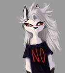 alternative_fashion angry anthro bedhead black_clothing black_nose black_shirt black_topwear clothing eyelashes female front_view fur grey_hair hair long_eyelashes long_hair looking_at_viewer messy_hair narrowed_eyes notched_ear pajama_shirt pupils red_sclera shirt simple_background slit_pupils solo text text_on_clothing text_on_shirt text_on_topwear tired topwear white_body white_eyes white_fur chillifries helluva_boss mythology loona_(helluva_boss) canid canid_demon canine demon hellhound mammal mythological_canine mythological_creature 2024 digital_media_(artwork) hi_res