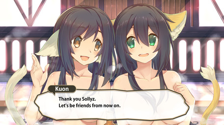 amber_eyes blush breasts convenient_censorship duo ear_tuft female green_eyes inside nude open_mouth open_smile smile steam text tuft sollyz utawarerumono kuon_(utawarerumono) animal_humanoid cat_humanoid felid felid_humanoid feline feline_humanoid humanoid mammal mammal_humanoid 2017 english_text
