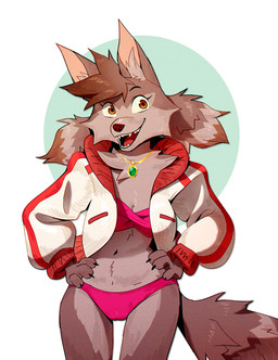 anthro bandeau bikini camel_toe cheek_tuft clothed clothing ear_tuft facial_tuft female fluffy fluffy_hair fluffy_tail fur grey_body grey_fur hair head_tuft jacket jewelry long_tail looking_aside midriff neck_tuft necklace orange_eyes partially_clothed pointy_ears sharp_teeth simple_background snout solo swimwear tail teeth topwear tuft twintails_(hairstyle) two-piece_swimsuit ruffu unnamed_character canid canine mammal digital_drawing_(artwork) digital_media_(artwork) portrait three-quarter_portrait