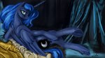 bedding blanket blue_hair curtains cutie_mark detailed_background divan female feral hair hooves horn inside looking_at_viewer lying odalisque on_side pillow pose solo wings silfoe friendship_is_magic grande_odalisque hasbro my_little_pony mythology princess_luna_(mlp) equid equine mammal mythological_creature mythological_equine winged_unicorn inspired_by_formal_art signature