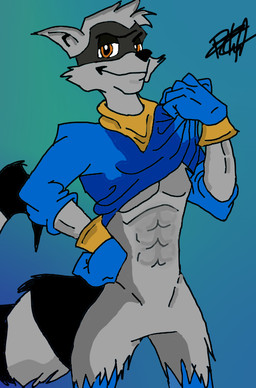 abs anthro blue_clothing blue_gloves blue_handwear blue_shirt blue_topwear bottomless brown_eyes clothed clothing clothing_lift featureless_crotch fur gloves grey_body grey_fur handwear looking_at_viewer male null shirt shirt_lift smile solo topwear sly_cooper_(series) sony_corporation sony_interactive_entertainment sucker_punch_productions sly_cooper mammal procyonid raccoon comic