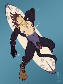abs anthro balls biceps calf_muscles claws deltoids dreadlocks flaccid genitals hand_behind_head humanoid_genitalia humanoid_penis jewelry looking_at_viewer lying male manly muscular muscular_arms muscular_legs muscular_thighs navel necklace necklace_only nipples nude on_back partially_submerged pecs penis reclining solo surfboard surfer triceps big_wada rhal_(drazgoth) felid feline mammal 2025 3:4 hi_res
