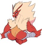 abs anthro blue_eyes breasts eyeshadow feathers feet female holding_breast makeup muscular muscular_anthro muscular_female non-mammal_breasts open_mouth red_body red_feathers simple_background solo talon_hands talons toes white_background yellow_sclera negsus nintendo pokemon becky_(dorian-bc) avian bird blaziken generation_3_pokemon pokemon_(species)