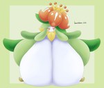 big_breasts breasts cleavage clothed clothing featureless_breasts female flower flower_hair green_background green_body huge_breasts hyper hyper_breasts leaf_tuft orange_eyes plant plant_hair pseudo_hair simple_background solo white_body hemoabdomen nintendo pokemon elemental_creature flora_fauna generation_5_pokemon humanoid lilligant pokemon_(species) 2023 hi_res