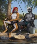 4_toes 5_fingers anthro black_body black_bottomwear black_clothing black_fur black_nipples black_nose black_shorts bottle bottomwear brown_body brown_fur bucket camping_chair chair chest_tuft clothed clothing collar container detailed_background digitigrade duo ear_piercing eyebrows eyelashes facial_piercing feet fingers fishing fishing_rod fur furniture green_bottomwear green_clothing green_eyes green_shorts grey_body grey_fur hair lake lip_piercing long_hair long_tail male markings mjolnir_necklace muscular muscular_anthro muscular_male nipple_piercing nipples on_chair open_mouth orange_eyes piercing pink_nipples pink_nose plant pupils red_eyebrows red_hair ring_piercing rock shorts shorts_only sitting sitting_on_chair slit_pupils spots spotted_body spotted_fur spread_legs spreading tail tapering_tail toes topless tree tuft white_body white_eyebrows white_fur white_hair white_markings himeragoldtail ashnu celestian_(ashnurazg) felid fish mammal marine mustelid otter prehistoric_species saber-toothed_tiger 2025 digital_media_(artwork) hi_res