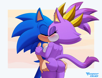 anthro blue_body bottomwear breasts butt butt_focus clothing crown duo eyes_closed female handwear headgear kissing male male/female nude purple_body tail touching_butt byghosteduard sega sonic_the_hedgehog_(series) blaze_the_cat killer_queen_blaze sonic_the_hedgehog eulipotyphlan felid feline hedgehog mammal absurd_res digital_media_(artwork) hi_res