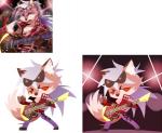 anthro chibi electric_guitar eyewear fur glasses grey_hair guitar hair japanese kemono lights long_hair male musical_instrument plucked_string_instrument simple_background solo string_instrument 1boshi sanrio show_by_rock!! canid canine fox mammal myumon