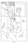 anthro black_and_white bussaca canid canine clothed clothing comic duo english_text female fur hi_res line_art male mammal mink monochrome mustelid musteline offscreen_character pen_(artwork) sleeping tail text traditional_media_(artwork) true_musteline