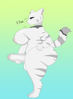 anthro big_breasts big_butt big_penis blue_eyes breasts breath butt chest_fur ear_piercing ear_ring erection feet fluffy fluffy_tail foreskin fur genitals grey_body grey_fur gynomorph hand_on_hip huge_breasts huge_butt huge_hips huge_thighs intersex looking_down masturbation nude open_mouth panting partially_retracted_foreskin penis piercing ring_piercing simple_background slightly_chubby solo striped_body striped_fur stripes tail text thick_thighs white_body white_fur wide_hips fuzzyvoxx ashe_(fuzzyvoxx) domestic_cat felid feline felis mammal absurd_res hi_res trans_(lore) trans_woman_(lore)