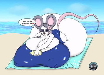 anthro beach big_breasts big_butt bikini_thong breasts butt clothing female huge_breasts huge_butt hyper hyper_breasts hyper_butt lying on_front on_towel one-piece_swimsuit seaside solo swimwear towel white_body bencs okimio mammal mouse murid murine rodent character_request hi_res