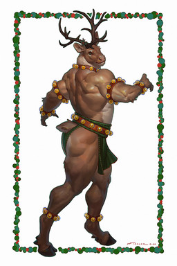 anthro antlers armband bell bell_collar biceps bottomwear brown_body brown_fur butt clothed clothing collar fur holly_(plant) hooves horn jingle_bell jingle_bell_anklet jingle_bell_armband jingle_bell_collar jingle_bell_legband jingle_bell_wristband legband loincloth male muscular muscular_anthro muscular_male muscular_thighs partially_clothed plant side_view simple_background skimpy smile solo standing tail thick_thighs white_background wristband taran_fiddler cervine deer mammal new_world_deer reindeer 2025 alternate_version_at_paywall dated hi_res signature