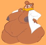 anthro areola belly big_belly big_breasts big_butt bodily_fluids breasts brown_body brown_fur butt clothing coat female fur lab_coat navel nipples obese obese_anthro obese_female overweight overweight_anthro overweight_female scarf simple_background solo sweat sweatdrop topwear smokii hanna-barbera yogi_bear cindy_bear bear mammal hi_res