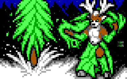 ansi_(artwork) anthro antlers arm_socks bottomwear brown_body brown_fur clothed clothing conjuration countershade_torso countershading evergreen_tree fur green_bottomwear green_clothing green_eyes green_skirt holidays hooves horn legwear magic magic_user male night outside pine_tree plant side_slit skirt snow solo star stockings thigh_highs topless topless_male tree thegreenherring christmas 16:10 2025 signature widescreen