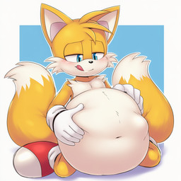 abdominal_bulge ambiguous_gender ambiguous_prey anthro belly big_belly blue_background blue_eyes border fur half-closed_eyes hand_on_belly licking licking_lips looking_pleasured male male_pred narrowed_eyes simple_background sitting slight_blush solo tongue tongue_out unwilling_prey vore wariza white_border yellow_body yellow_fur young young_anthro young_pred puyopopper sega sonic_the_hedgehog_(series) miles_prower canid canine fox mammal 1:1 2026 colored