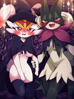 3_fingers anthro blush blush_lines breast_curtains breasts cape clothing duo facial_markings fangs female fingers flower_(anatomy) fluffy fluffy_tail genitals green_body green_hands hair hand_holding hat head_markings headgear headwear jagged_mouth leaf_(anatomy) legwear lights markings mask medium_breasts multicolored_ears nipples open_mouth pink_eyes red_eyes stockings tail teeth vulva white_body white_hands witch_costume witch_hat yellow_inner_ear prrrrrrmine nintendo pokemon cinderace generation_8_pokemon generation_9_pokemon meowscarada pokemon_(species) absurd_res colored hi_res