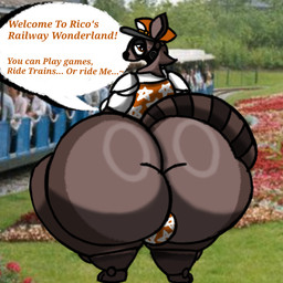 accessory anthro big_butt butt clothing curvy_figure feet fingers fluffy fluffy_tail hat headgear headwear huge_butt hyper hyper_butt machine male moobs navel necktie obese orange_clothing orange_hat orange_headwear orange_necktie orange_thong orange_topwear orange_underwear orange_vest outie_navel overweight overweight_anthro rear_view shirt side_view sleeveless_vest solo star_pattern_underwear static tail text thick_thighs thong toes topwear underwear vest voluptuous white_clothing white_shirt white_topwear moltenart_pixels five_nights_at_freddy's scottgames rico_the_railroad_rcoon animatronic humanoid mammal procyonid raccoon robot digital_media_(artwork) english_text