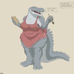 anthro areola areola_slip belly brown_areola claws clothed clothing dialogue female front_view grey_body nipple_outline open_mouth overweight overweight_anthro overweight_female red_clothing red_eyes red_tongue simple_background solo speech_bubble standing teeth text tongue upai crocodilian reptile scalie 1:1 absurd_res artist_name english_text full-length_portrait hi_res portrait