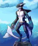 anthro blue_eyes clothing cloud male open_mouth sea smile solo standing teeth underwear water lunarthunderstorm vicar cetacean dolphin hybrid mammal marine oceanic_dolphin orca toothed_whale 2020 absurd_res digital_media_(artwork) digital_painting_(artwork) hi_res huge_filesize shaded