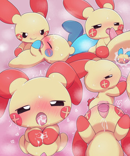 ambiguous_gender begging begging_pose blush bodily_fluids chibi cum cum_in_mouth cum_inside cum_on_hand duo eyes_closed fellatio feral genital_fluids genitals handjob kneeling licking licking_lips male male/ambiguous multiple_positions oral paw_pose penile penis penis_lick pink_background pose semi-anthro sex simple_background sweat tongue tongue_out young badwingm nintendo pokemon generation_3_pokemon minun plusle pokemon_(species) hi_res