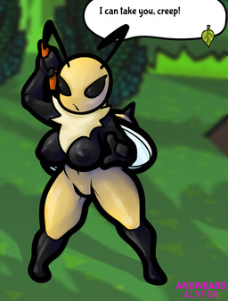 antennae_(anatomy) anthro arthropod_abdomen big_breasts black_body boomerang breasts chest_tuft featureless_crotch female gesture hand_gesture leaf multicolored_body nipples open_mouth pointing solo stinger text tuft two_tone_body wings yellow_body zoquete bug_fables moonsprout_games vi_(bug_fables) arthropod bee hymenopteran insect absurd_res english_text hi_res