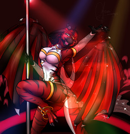 anklet anthro breasts cleavage clothed clothing dancing eyebrows fangs female horn jewelry looking_at_viewer membrane_(anatomy) membranous_wings non-mammal_breasts open_mouth pole pole_dancing skimpy small_waist solo stripper_pole tail teeth tongue wide_hips wings monstercheetah mythology dragon mythological_creature mythological_scalie scalie absurd_res digital_media_(artwork) hi_res shaded