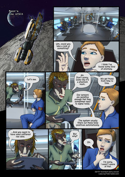 3_fingers 4_arms 5_fingers anthro black_claws blonde_hair blue_eyes claws clothed clothing dialogue dialogue_box duo earth_(planet) female fingers floating hair light_body light_skin male moon multi_arm multi_limb open_mouth orange_hair red_eyes sitting space spacecraft speech_bubble star text vehicle darth_biomech leaving_the_cradle alien human mammal raharr 2026 colored comic english_text hi_res