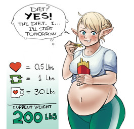 arms_bent belly belly_overhang blonde_hair blue_eyes blush blush_lines bodily_fluids bottomwear braided_hair breasts clothed clothed_female clothed_humanoid clothing container dialogue female female_humanoid fully_clothed fully_clothed_female fully_clothed_humanoid green_bottomwear green_clothing green_pants grey_clothing grey_shirt grey_topwear hair heart_symbol holding_container holding_fries holding_object humanoid_pointy_ears light looking_at_viewer medium_breasts midriff navel nervous nervous_smile nervous_sweat not_furry open_mouth open_smile overweight overweight_female overweight_humanoid pants pointy_ears shirt simple_background smile smiling_at_viewer solo speech_bubble stated_weight sweat talking_to_viewer tan_body tan_skin text thick_thighs topwear weight_gain_drive white_background white_mouth yelling yelling_at_another comedii ko-fi plus-sized_elf elfuda_(plus-sized_elf) elf humanoid 2024 colored digital_drawing_(artwork) digital_media_(artwork) english_description english_text half-length_portrait hi_res lighting portrait shaded