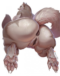 anthro anus big_butt biped breasts brown_anus brown_vulva butt claws feet female fluffy fluffy_tail fur genitals grey_body grey_fur huge_butt long_tail looking_at_viewer looking_back looking_back_at_viewer nude nude_anthro nude_female pawpads presenting presenting_hindquarters presenting_vulva purple_eyes rear_view side_boob simple_background small_ears smile solo tail thick_thighs toes vulva white_background wide_hips silgiriya_mantsugosi gulonine mammal marten mustelid musteline 2025 digital_drawing_(artwork) digital_media_(artwork) hi_res