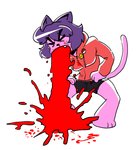 anthro barefoot blood blood_from_mouth blood_in_mouth bodily_fluids bottomwear clothed clothing crouching cute_fangs eyes_closed fangs feet female fur hair hoodie pink_body pink_fur purple_hair short_hair shorts simple_background solo teeth topwear vomiting white_background anaugi penny_(anaugi) domestic_cat felid feline felis mammal filth 2020 hi_res